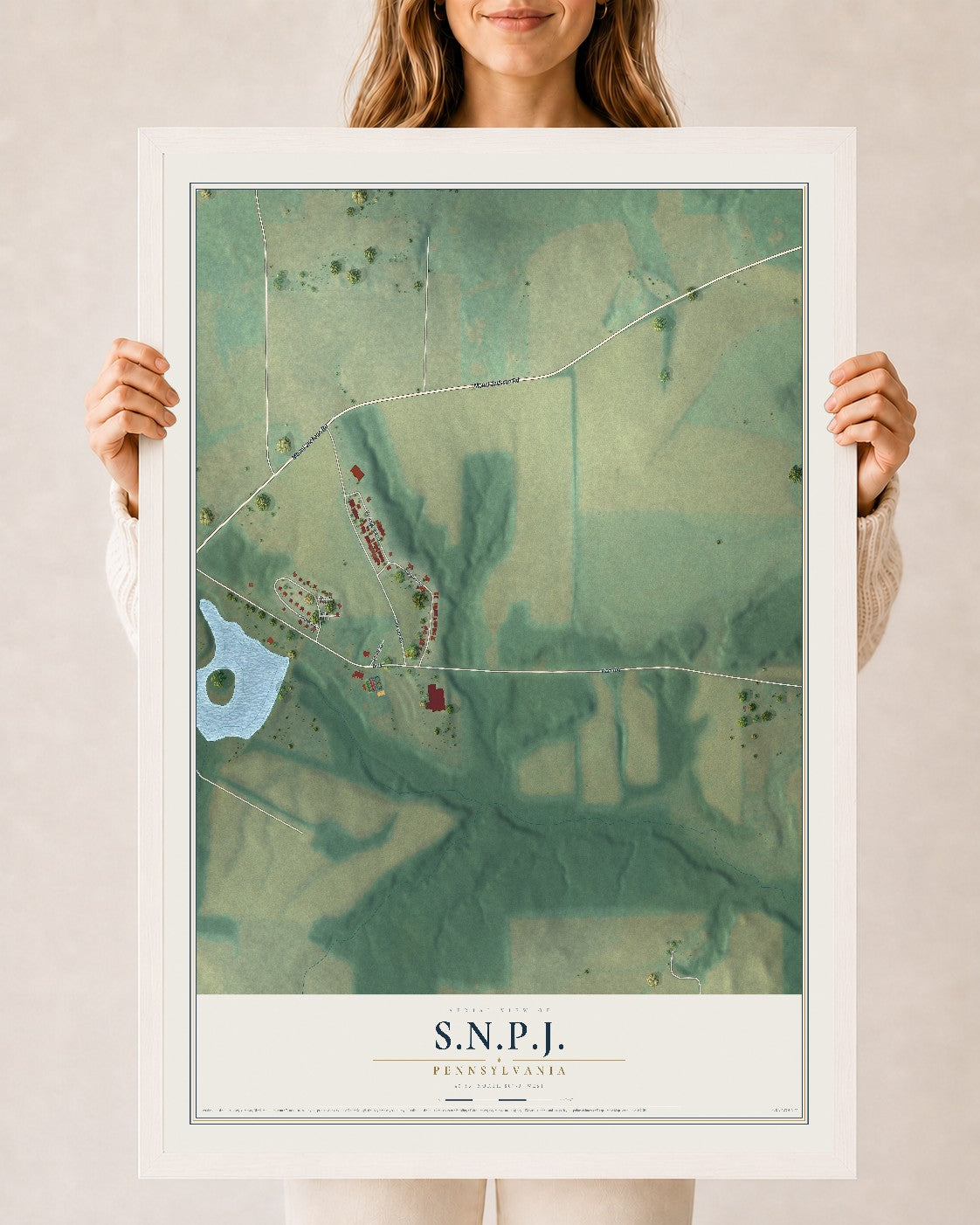 Map of S.N.P.J., Pennsylvania, 24 x 36 inch print in a white wood frame