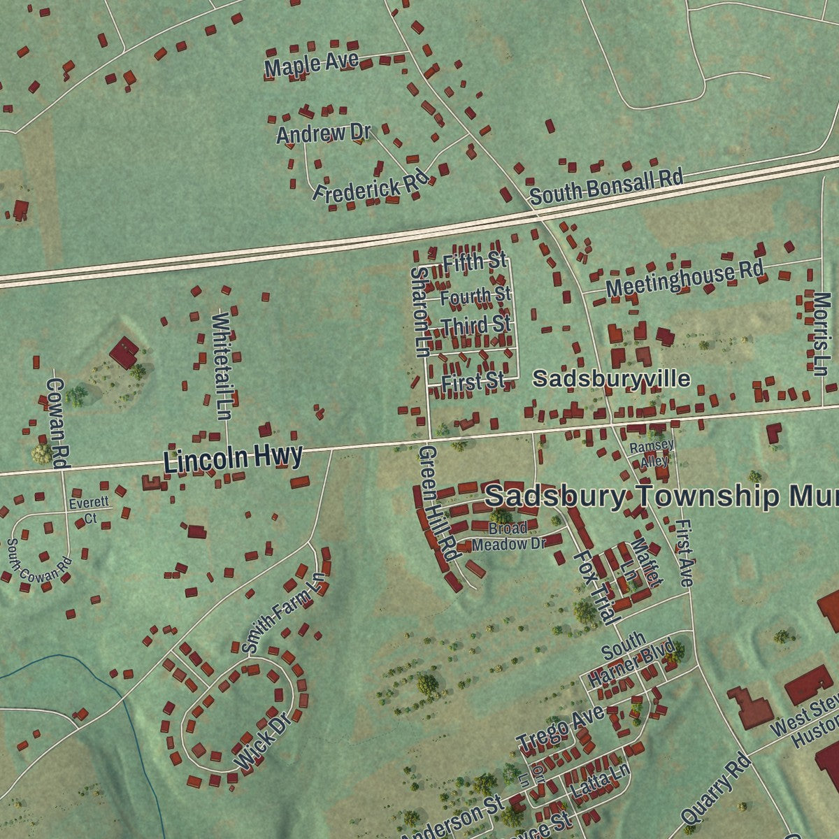 Close-up of the map of Sadsbury, Chester County, Pennsylvania print showing street and building detail