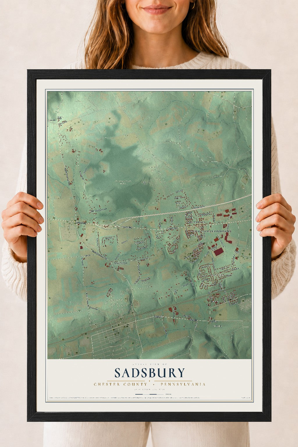 Map of Sadsbury, Chester County, Pennsylvania, 18 x 24 inch print in a black wood frame