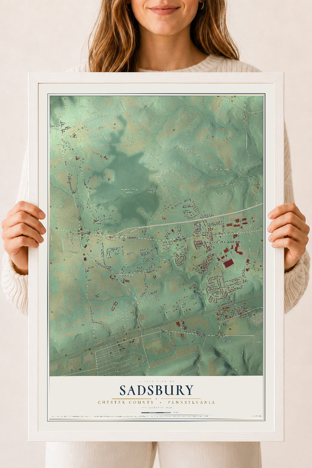 Map of Sadsbury, Chester County, Pennsylvania, 18 x 24 inch print in a white wood frame