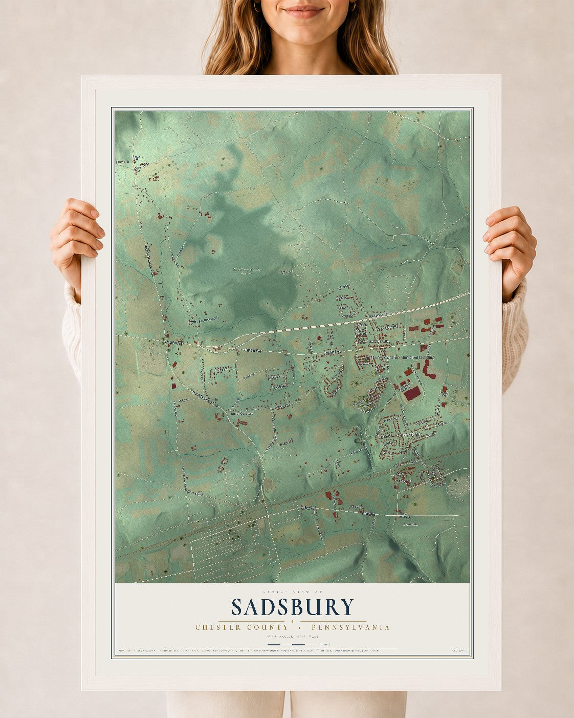 Map of Sadsbury, Chester County, Pennsylvania, 24 x 36 inch print in a white wood frame