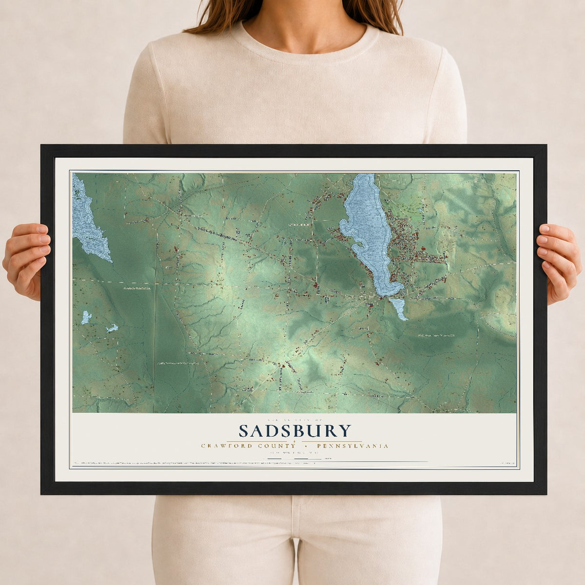Map of Sadsbury, Crawford County, Pennsylvania, 12 x 18 inch print in a black wood frame