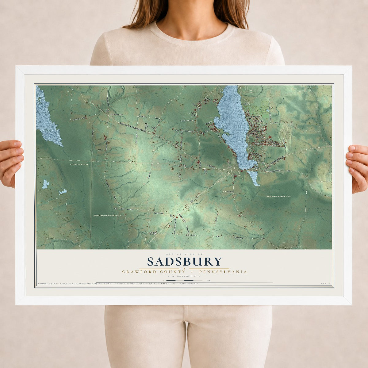 Map of Sadsbury, Crawford County, Pennsylvania, 18 x 24 inch print in a white wood frame