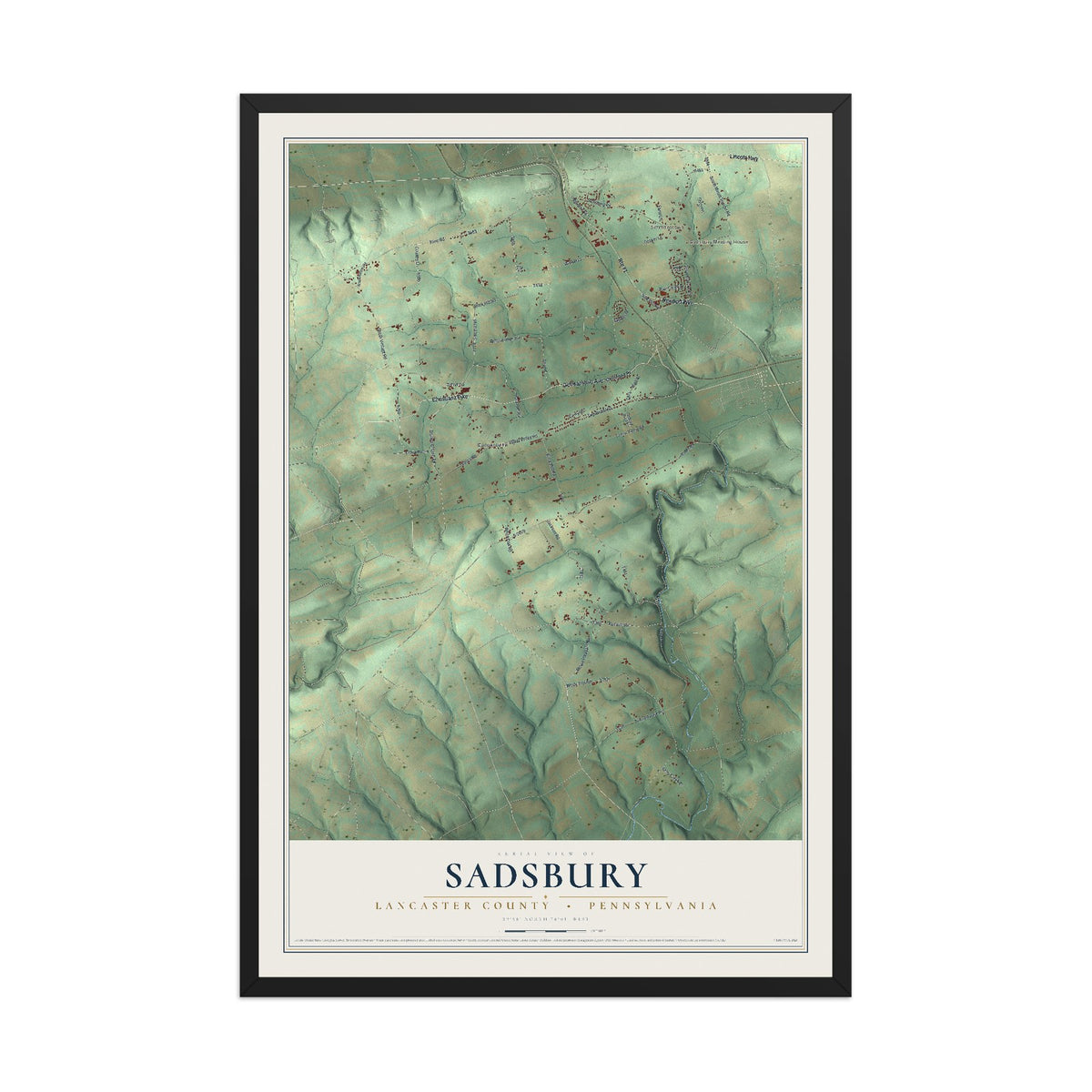 Map of Sadsbury, Lancaster County, Pennsylvania, 12 x 18 inch print in a black wood frame