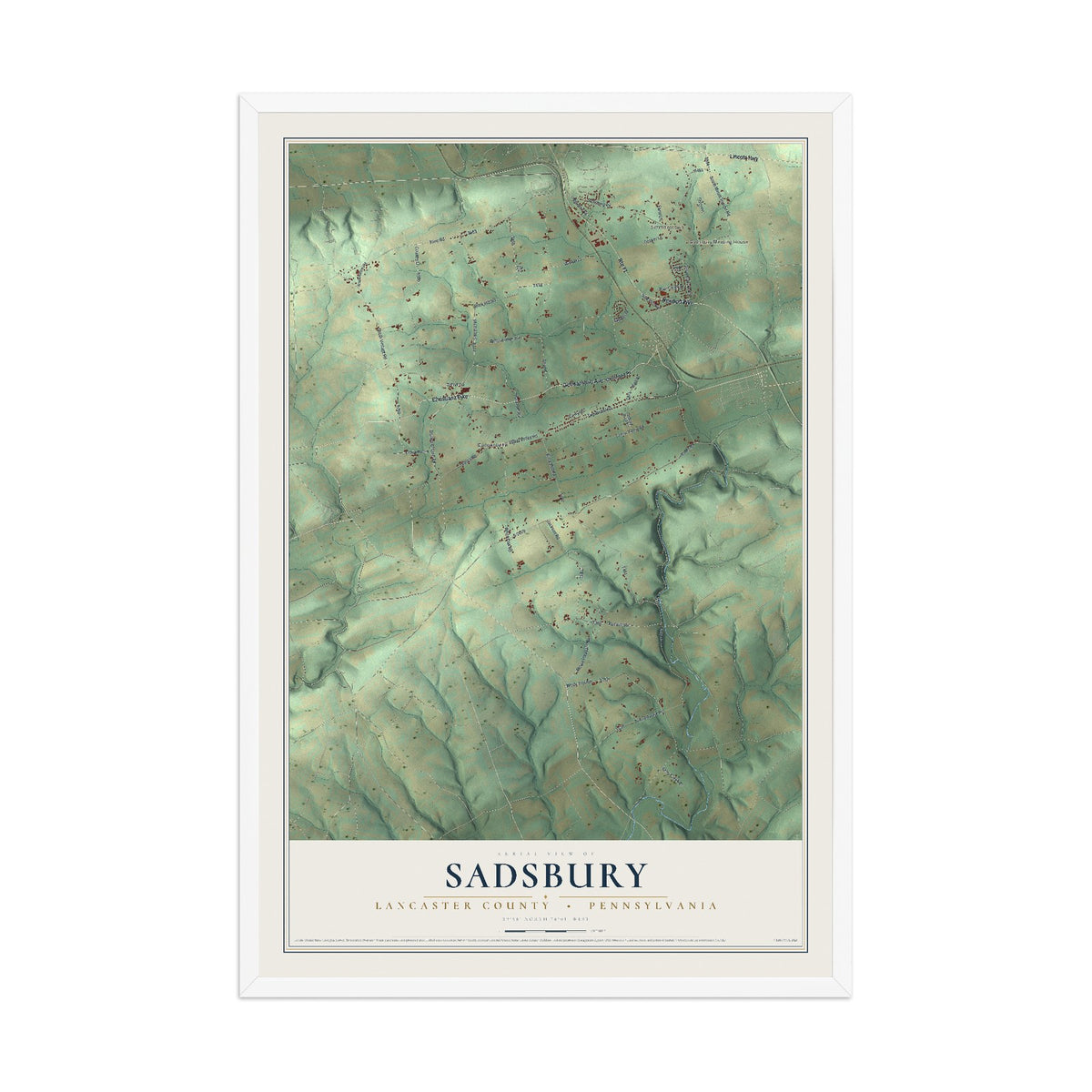 Map of Sadsbury, Lancaster County, Pennsylvania, 12 x 18 inch print in a white wood frame