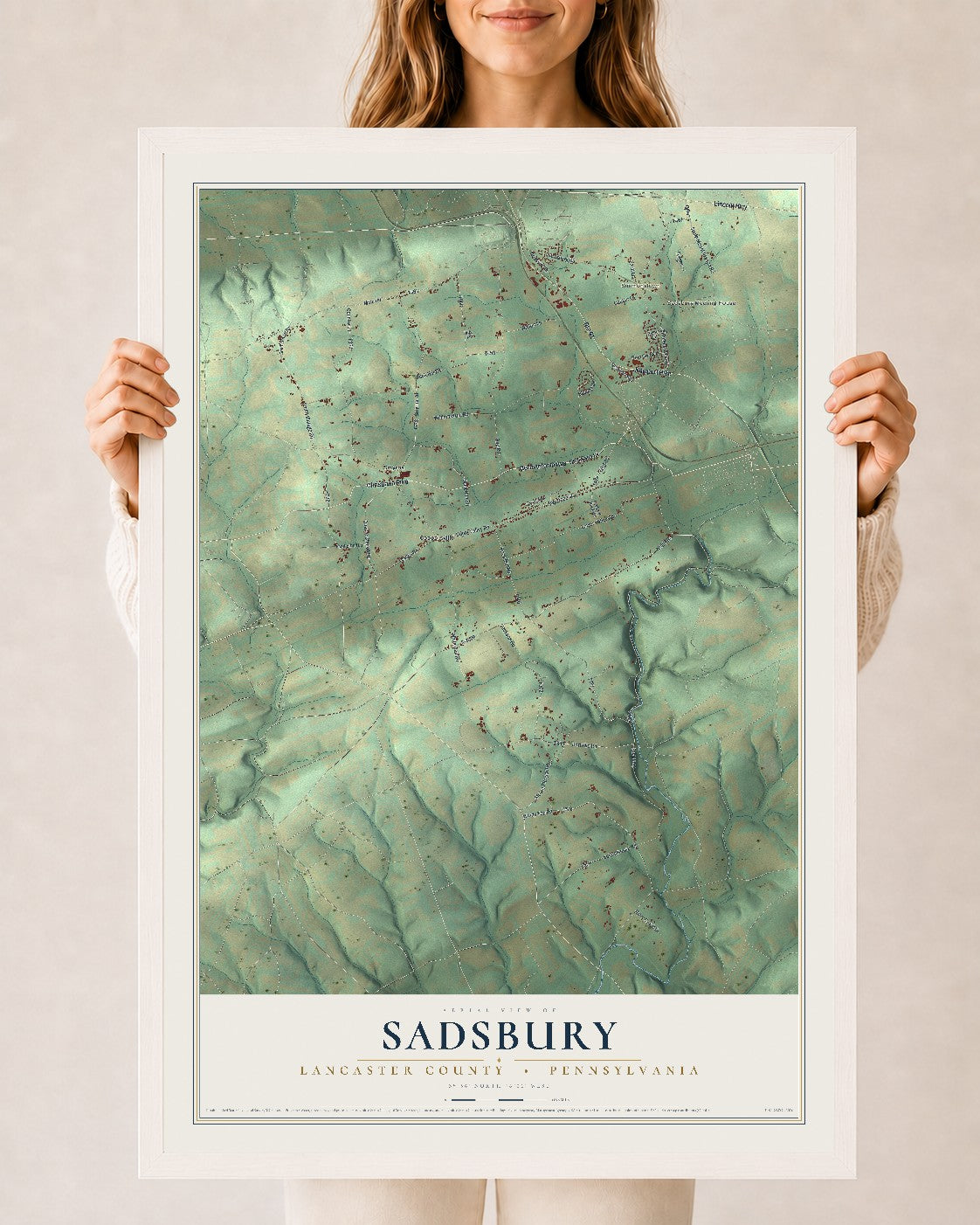 Map of Sadsbury, Lancaster County, Pennsylvania, 24 x 36 inch print in a white wood frame