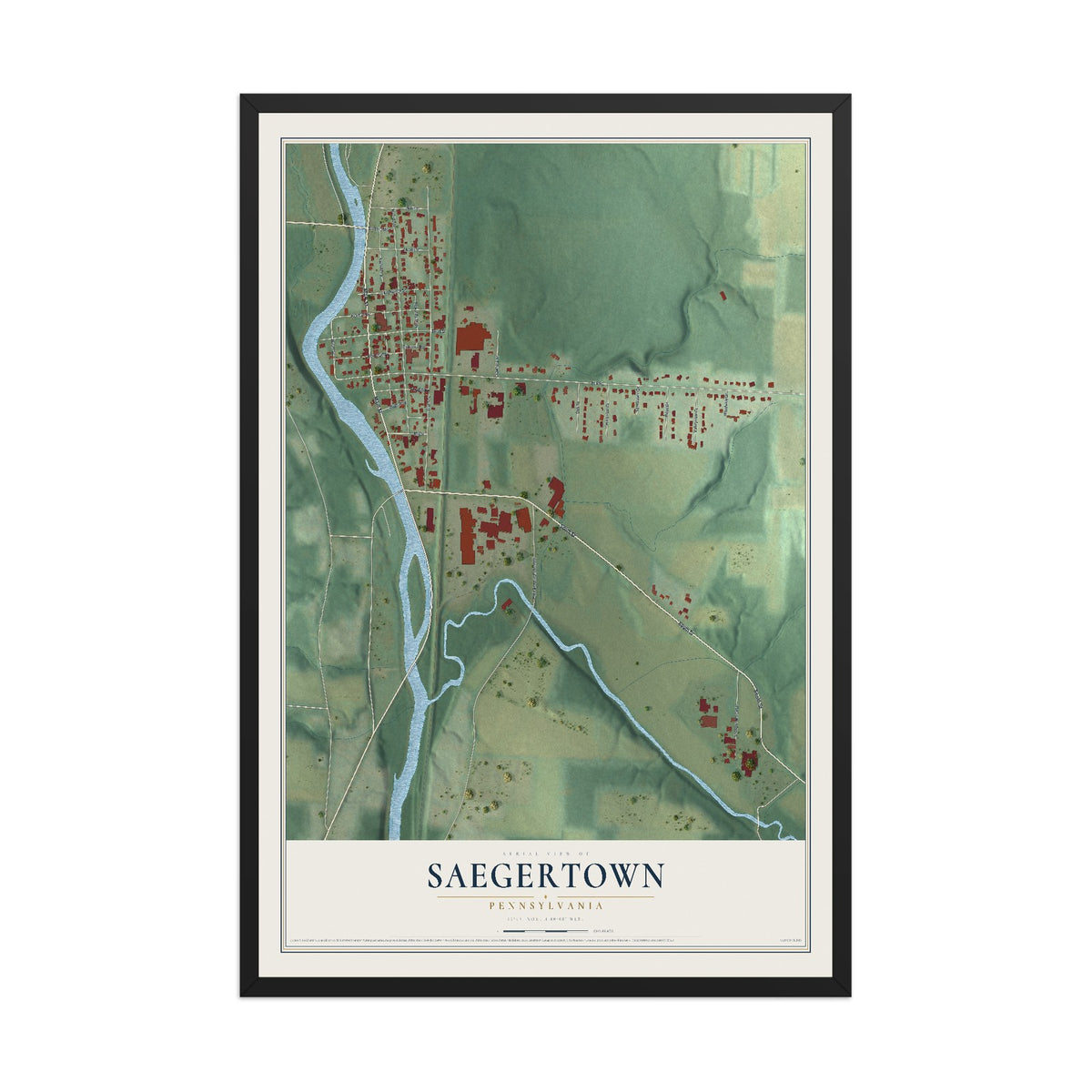 Map of Saegertown, Pennsylvania, 12 x 18 inch print in a black wood frame