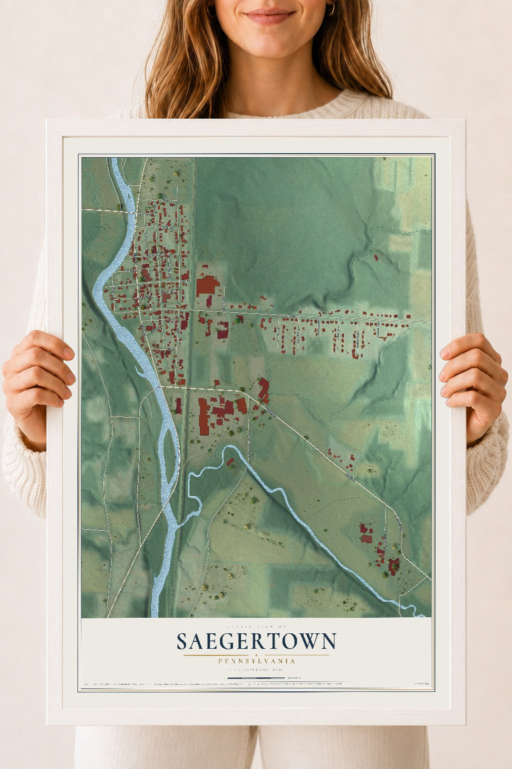Map of Saegertown, Pennsylvania, 18 x 24 inch print in a white wood frame