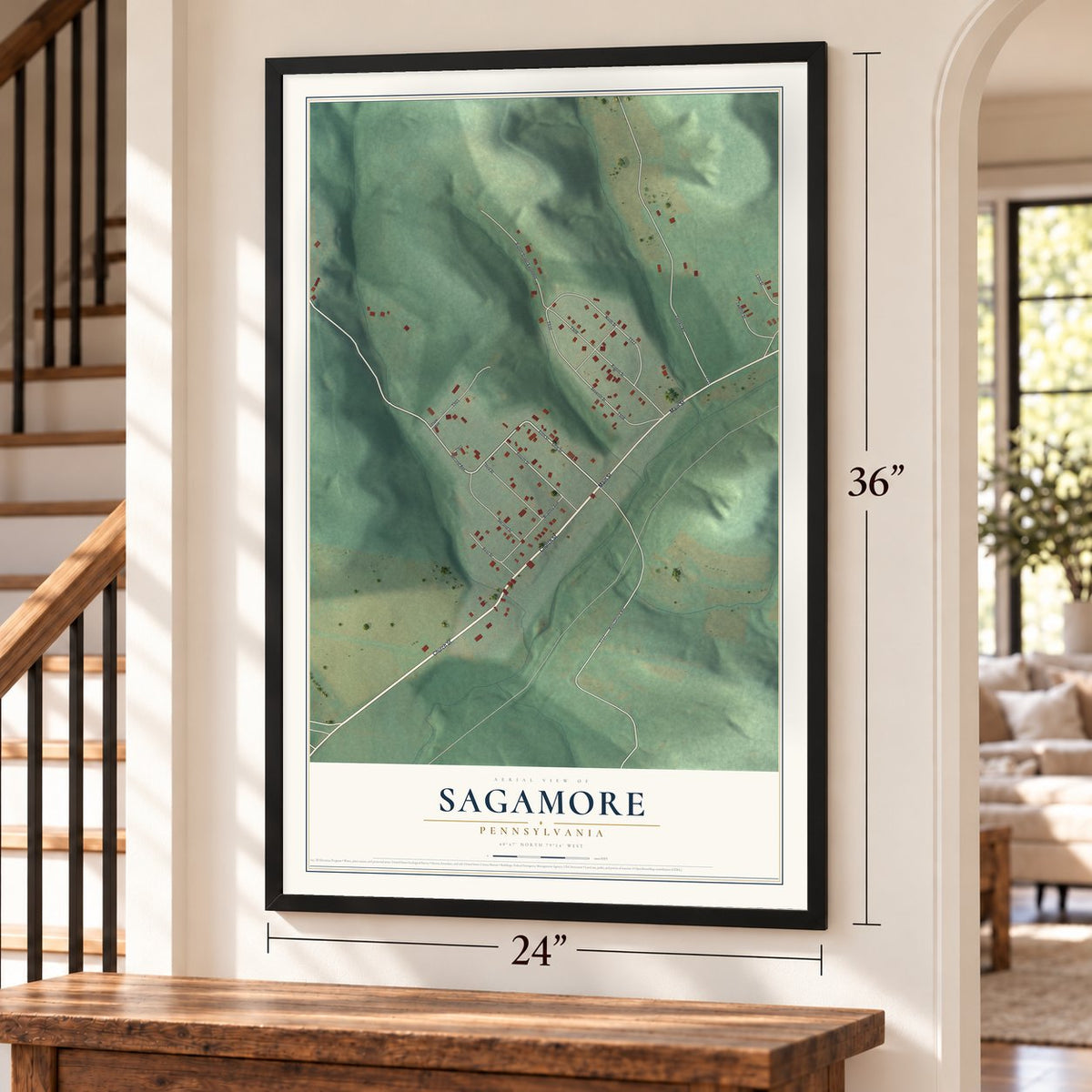 Sagamore, Pennsylvania map, 24 x 36 inch print in a black frame by a staircase