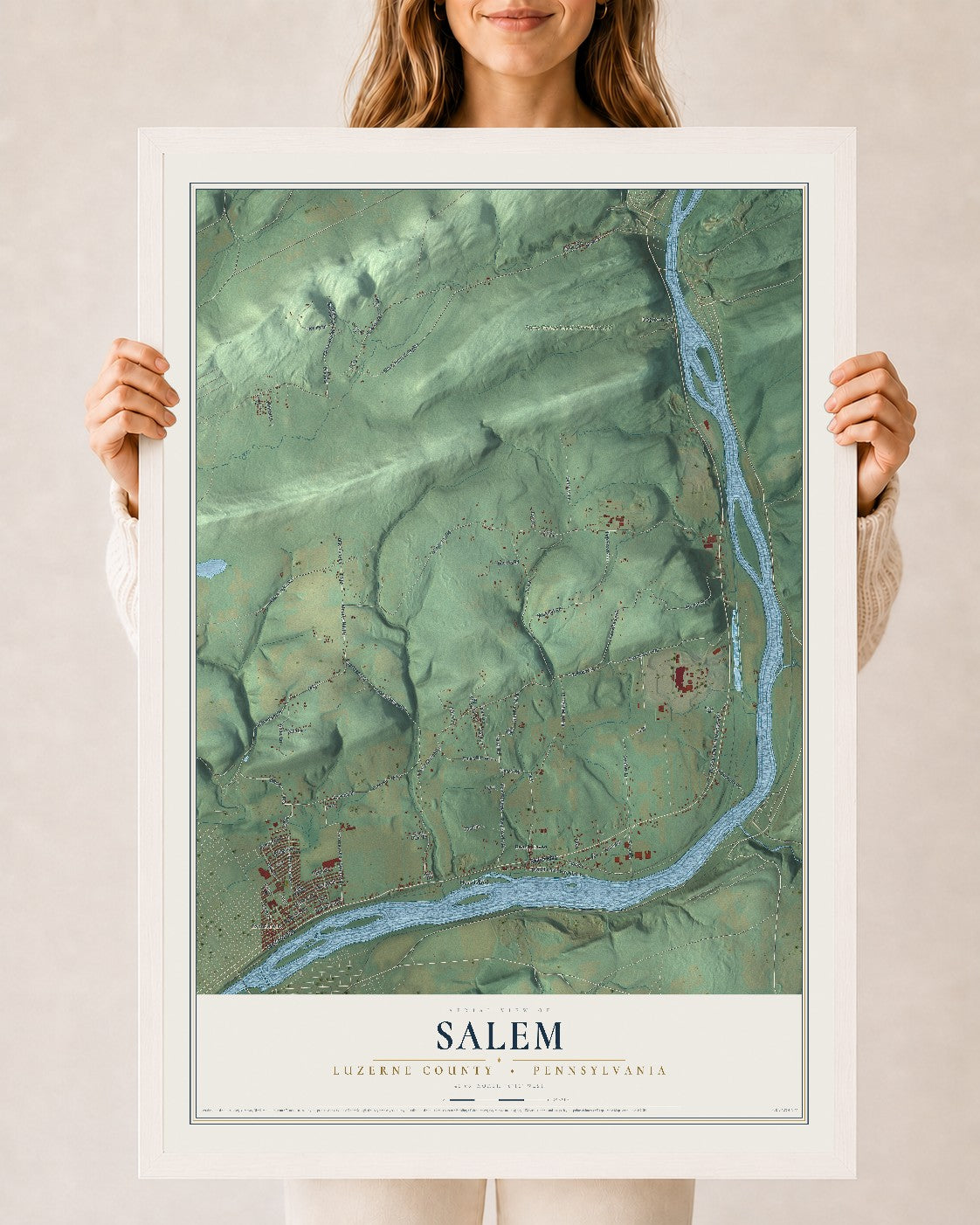 Map of Salem, Luzerne County, Pennsylvania, 24 x 36 inch print in a white wood frame