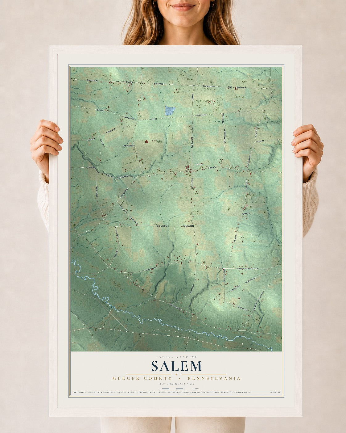 Map of Salem, Mercer County, Pennsylvania, 24 x 36 inch print in a white wood frame