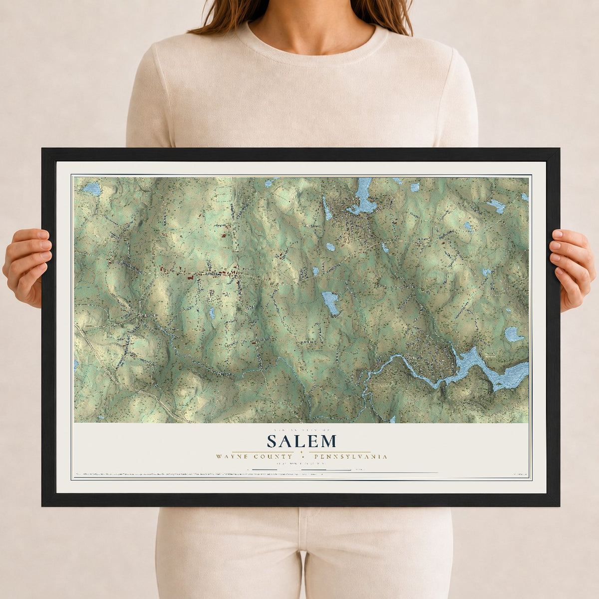 Map of Salem, Wayne County, Pennsylvania, 12 x 18 inch print in a black wood frame