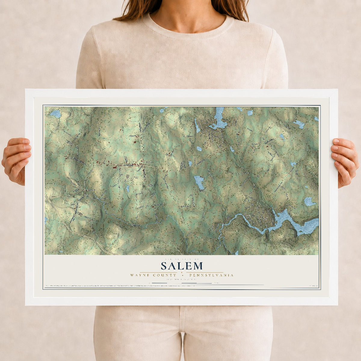 Map of Salem, Wayne County, Pennsylvania, 12 x 18 inch print in a white wood frame