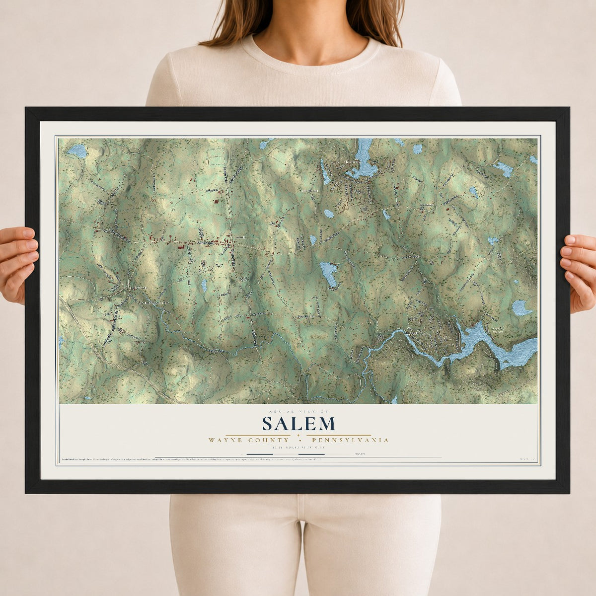 Map of Salem, Wayne County, Pennsylvania, 18 x 24 inch print in a black wood frame