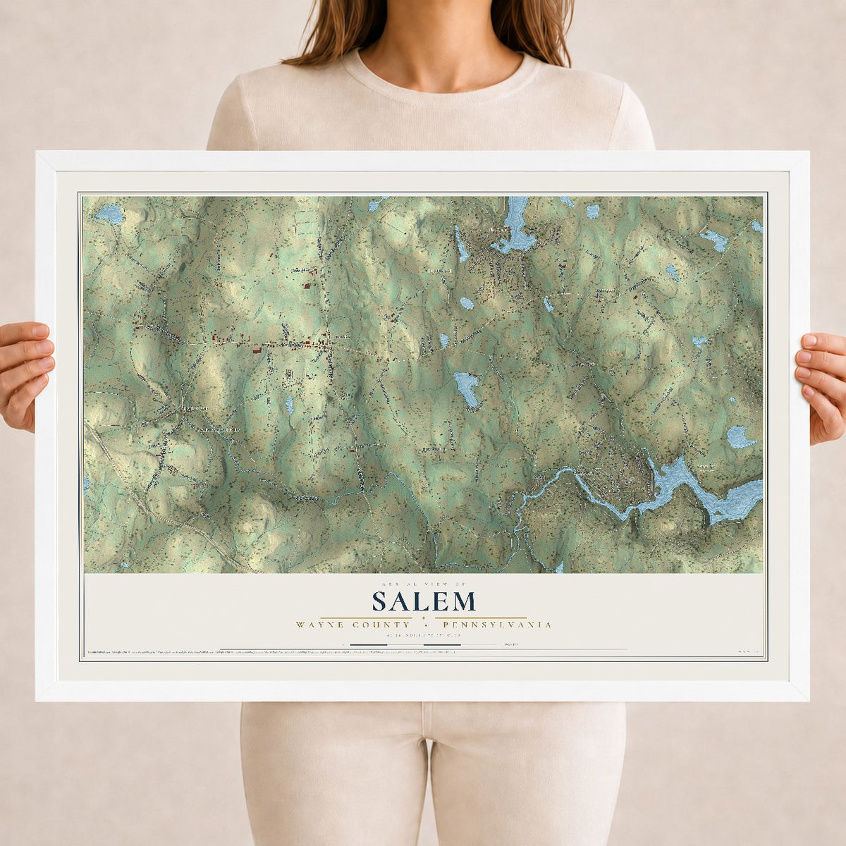Map of Salem, Wayne County, Pennsylvania, 18 x 24 inch print in a white wood frame
