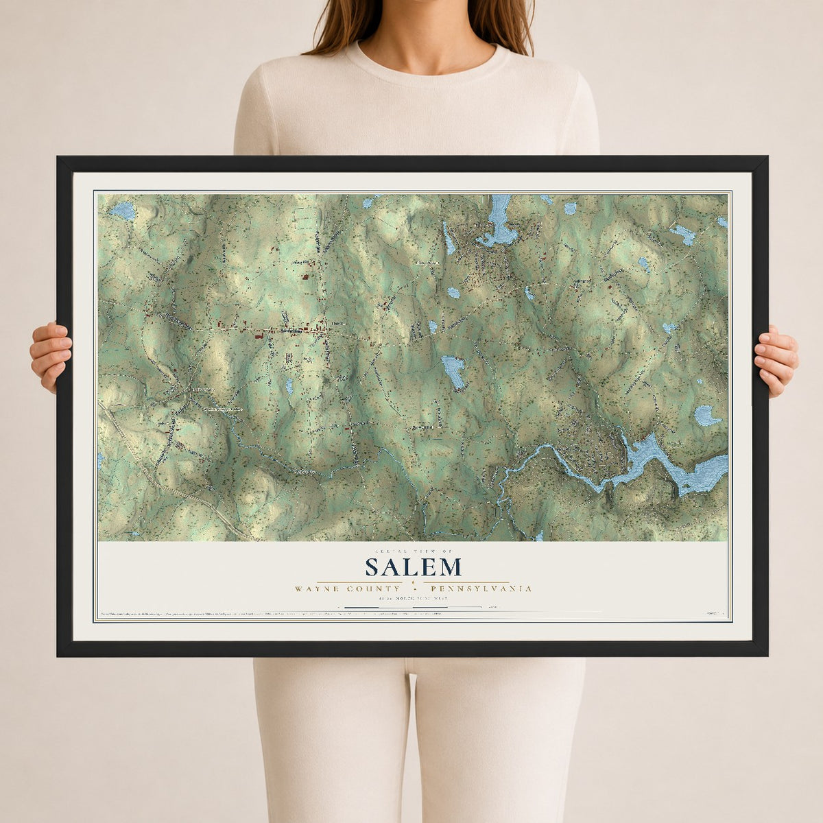 Map of Salem, Wayne County, Pennsylvania, 24 x 36 inch print in a black wood frame