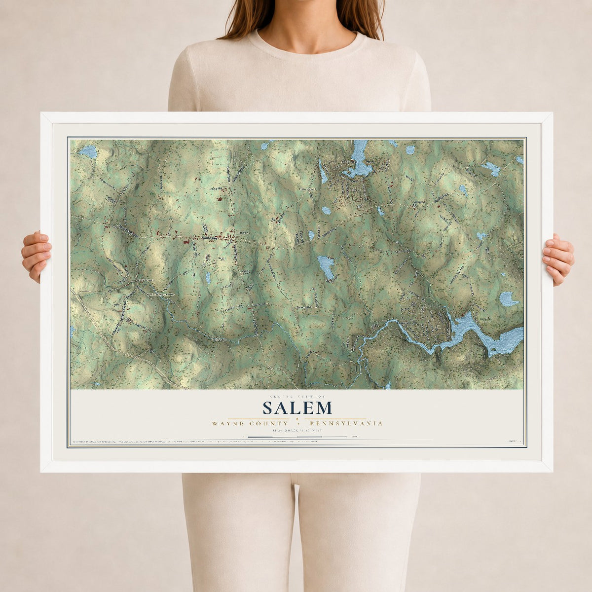 Map of Salem, Wayne County, Pennsylvania, 24 x 36 inch print in a white wood frame