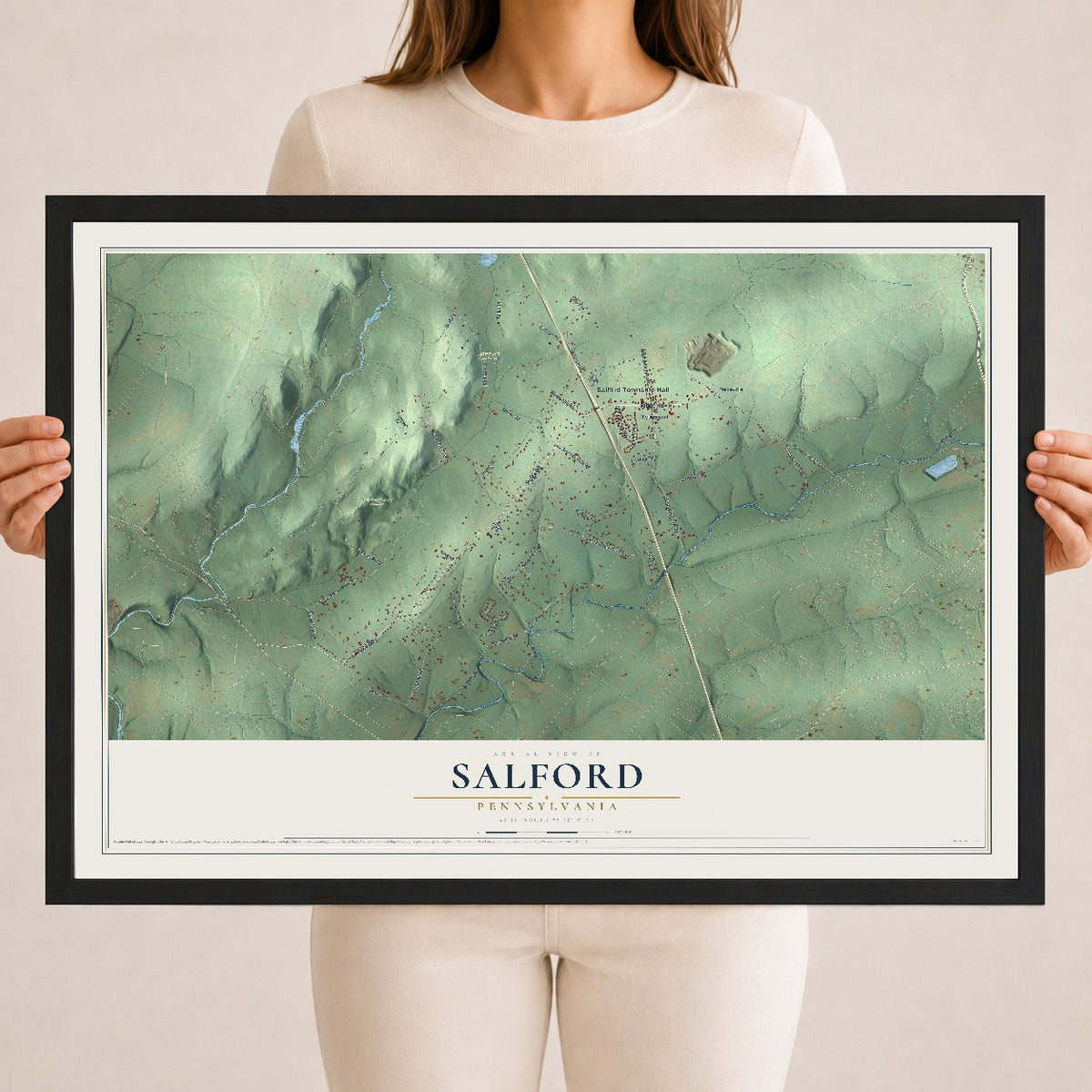 Map of Salford, Pennsylvania, 18 x 24 inch print in a black wood frame