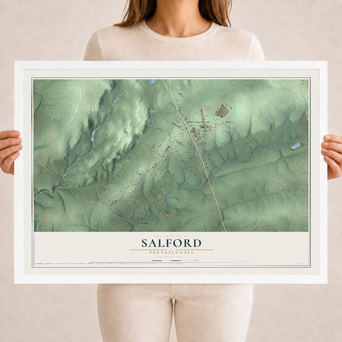 Map of Salford, Pennsylvania, 18 x 24 inch print in a white wood frame