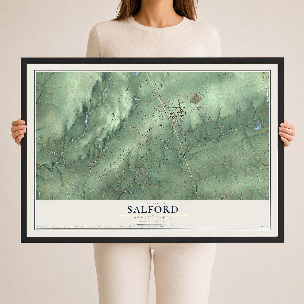 Map of Salford, Pennsylvania, 24 x 36 inch print in a black wood frame