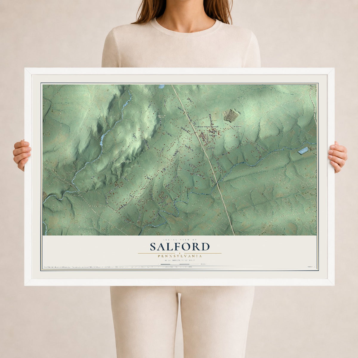 Map of Salford, Pennsylvania, 24 x 36 inch print in a white wood frame