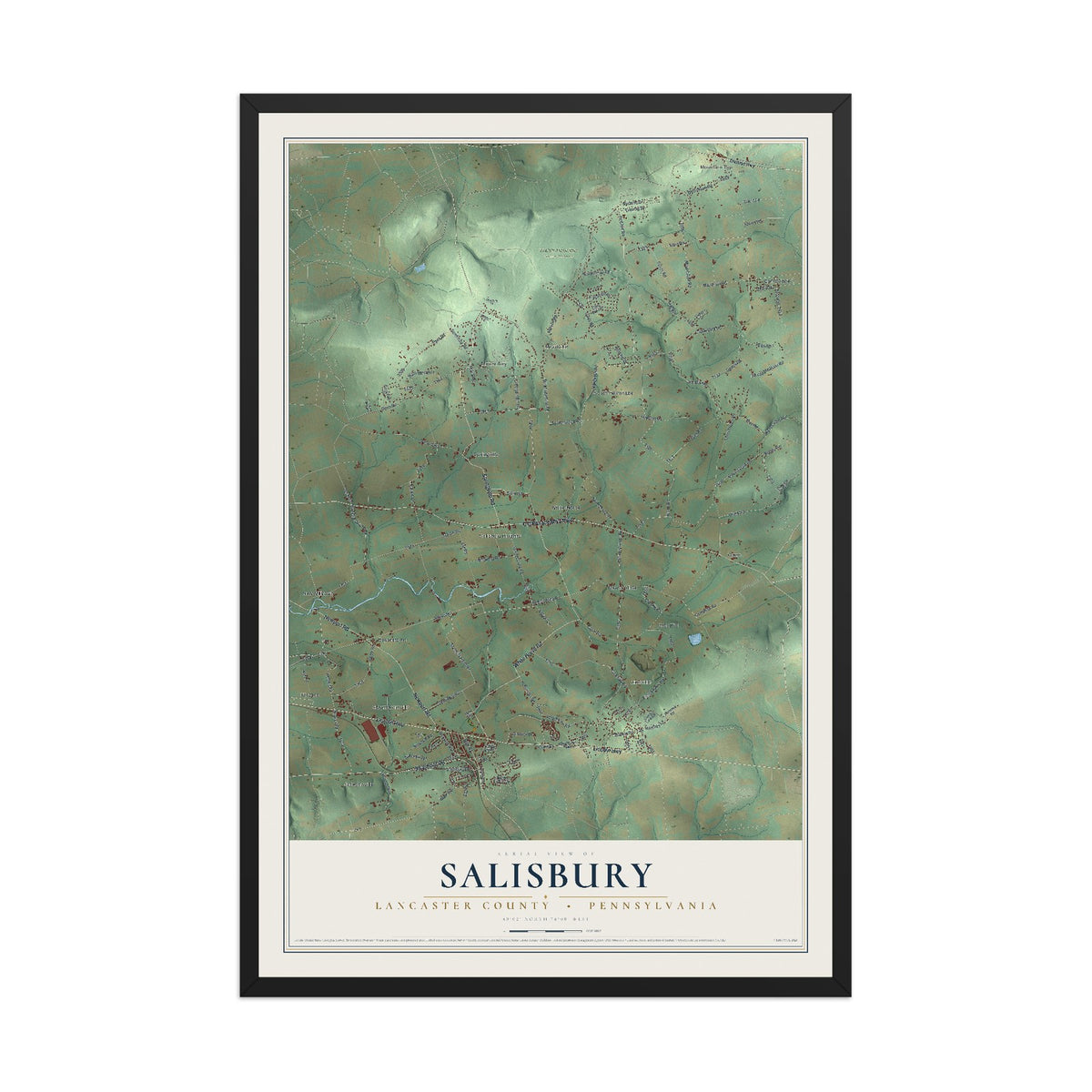 Map of Salisbury, Lancaster County, Pennsylvania, 12 x 18 inch print in a black wood frame