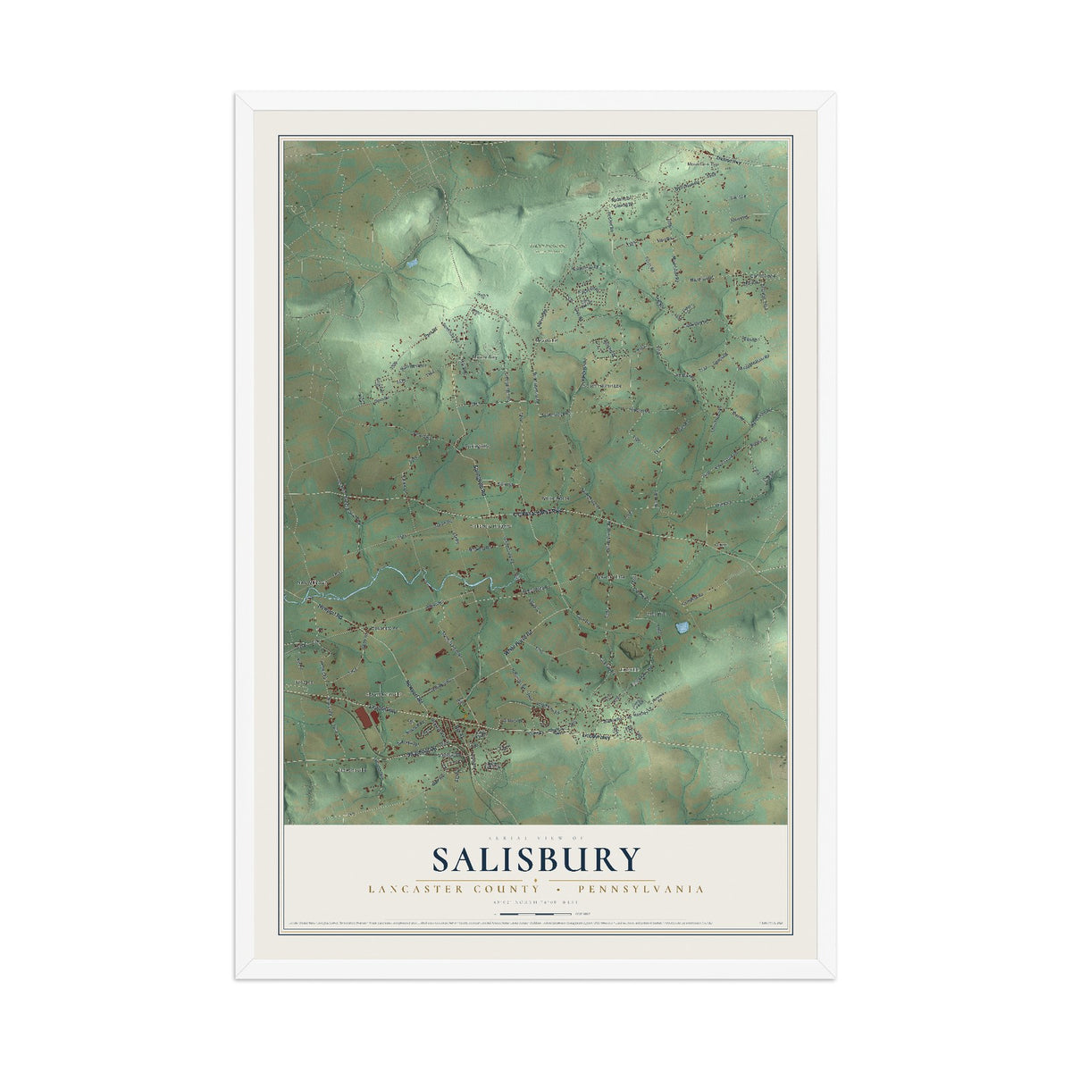 Map of Salisbury, Lancaster County, Pennsylvania, 12 x 18 inch print in a white wood frame
