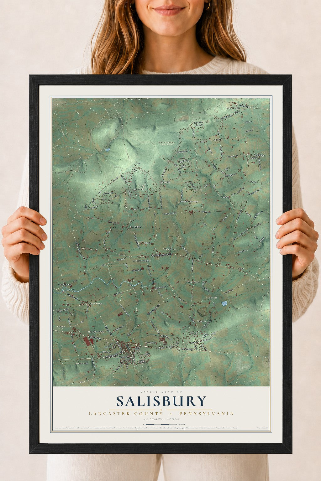 Map of Salisbury, Lancaster County, Pennsylvania, 18 x 24 inch print in a black wood frame