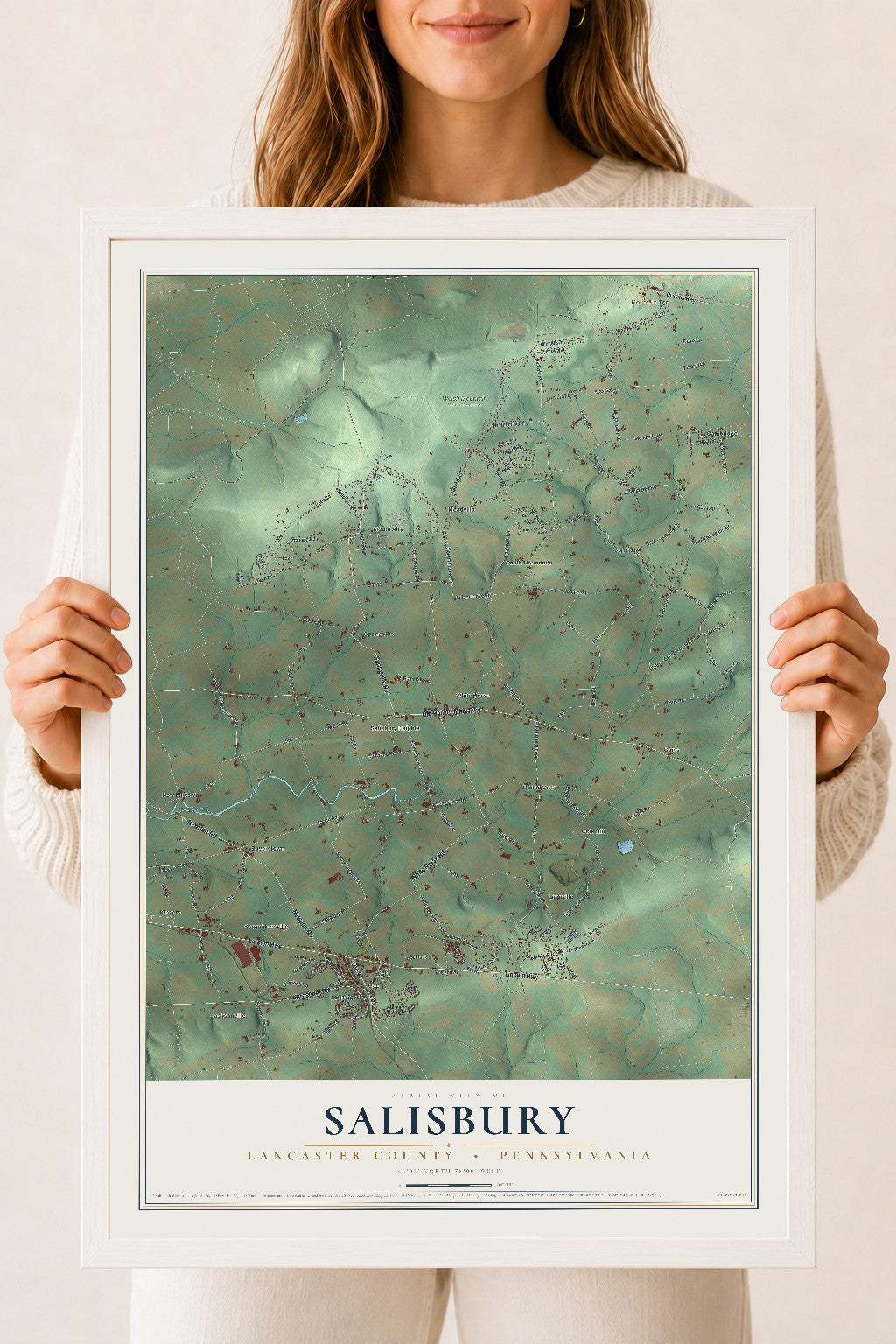 Map of Salisbury, Lancaster County, Pennsylvania, 18 x 24 inch print in a white wood frame