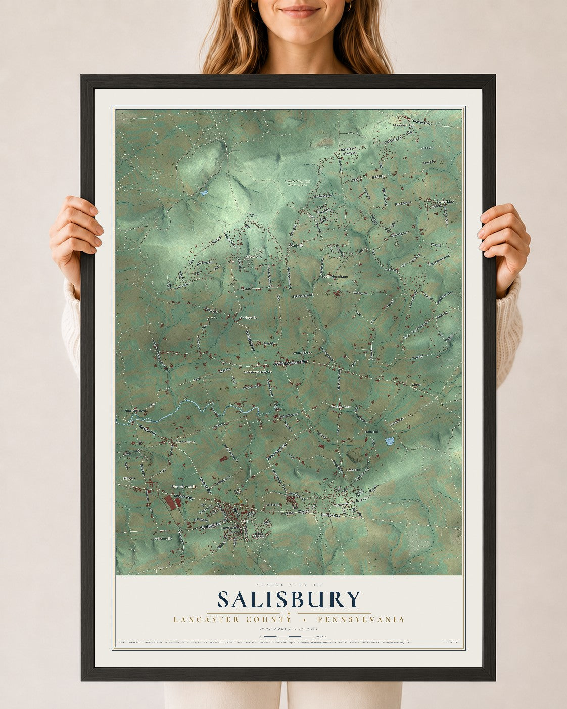 Map of Salisbury, Lancaster County, Pennsylvania, 24 x 36 inch print in a black wood frame
