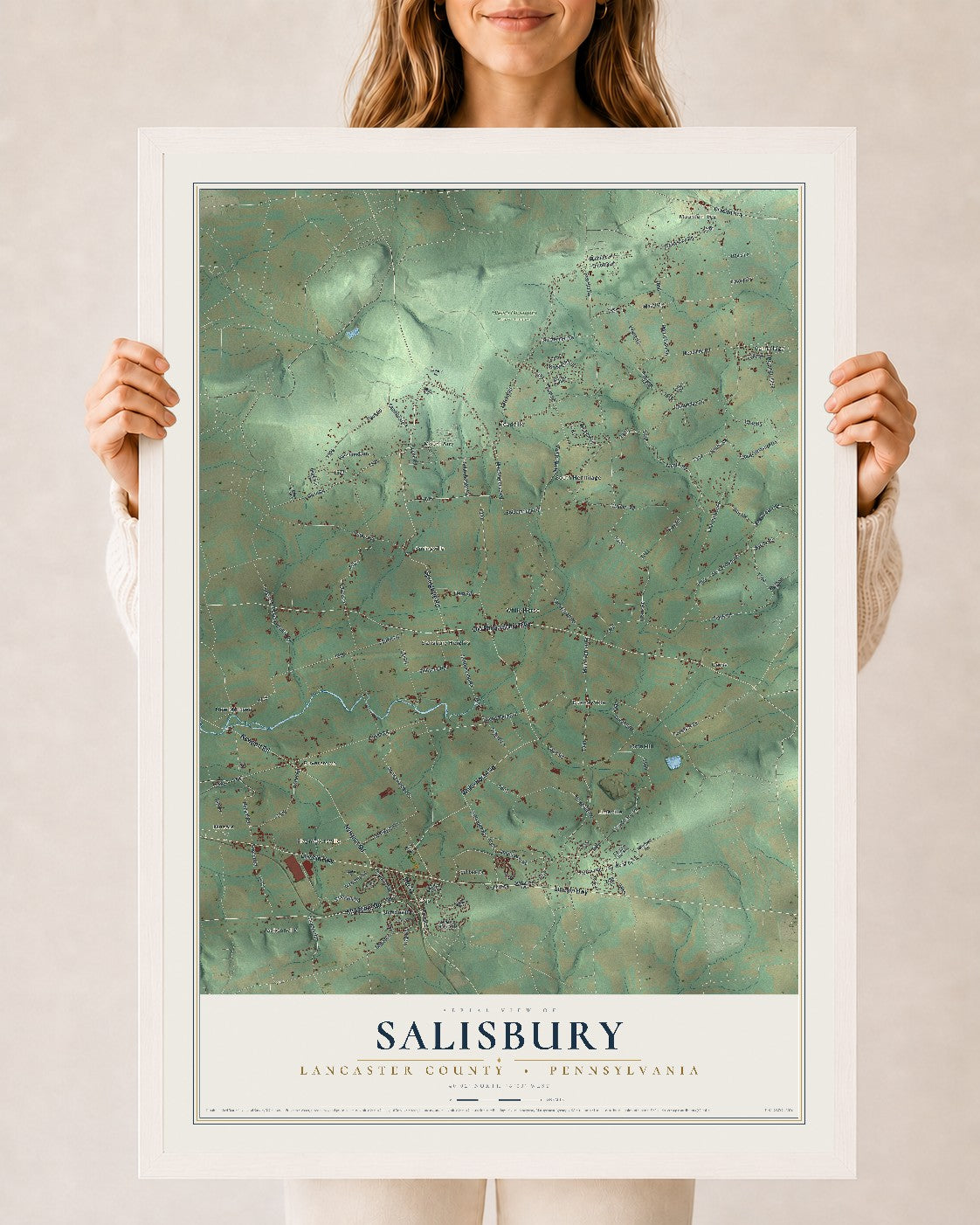 Map of Salisbury, Lancaster County, Pennsylvania, 24 x 36 inch print in a white wood frame