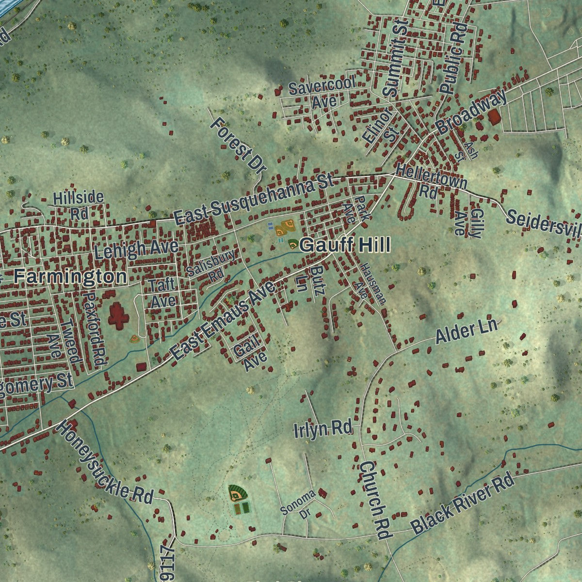 Second close-up of the map of Salisbury, Lehigh County, Pennsylvania print showing more streets and buildings