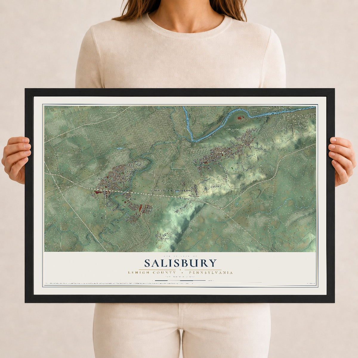 Map of Salisbury, Lehigh County, Pennsylvania, 12 x 18 inch print in a black wood frame