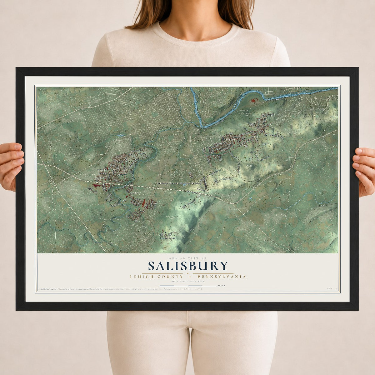 Map of Salisbury, Lehigh County, Pennsylvania, 18 x 24 inch print in a black wood frame