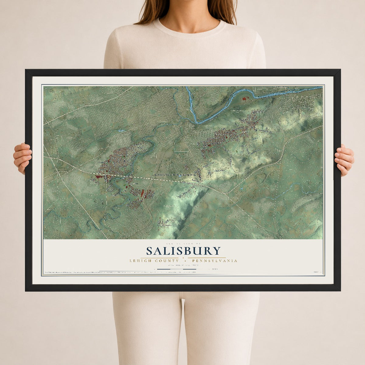 Map of Salisbury, Lehigh County, Pennsylvania, 24 x 36 inch print in a black wood frame