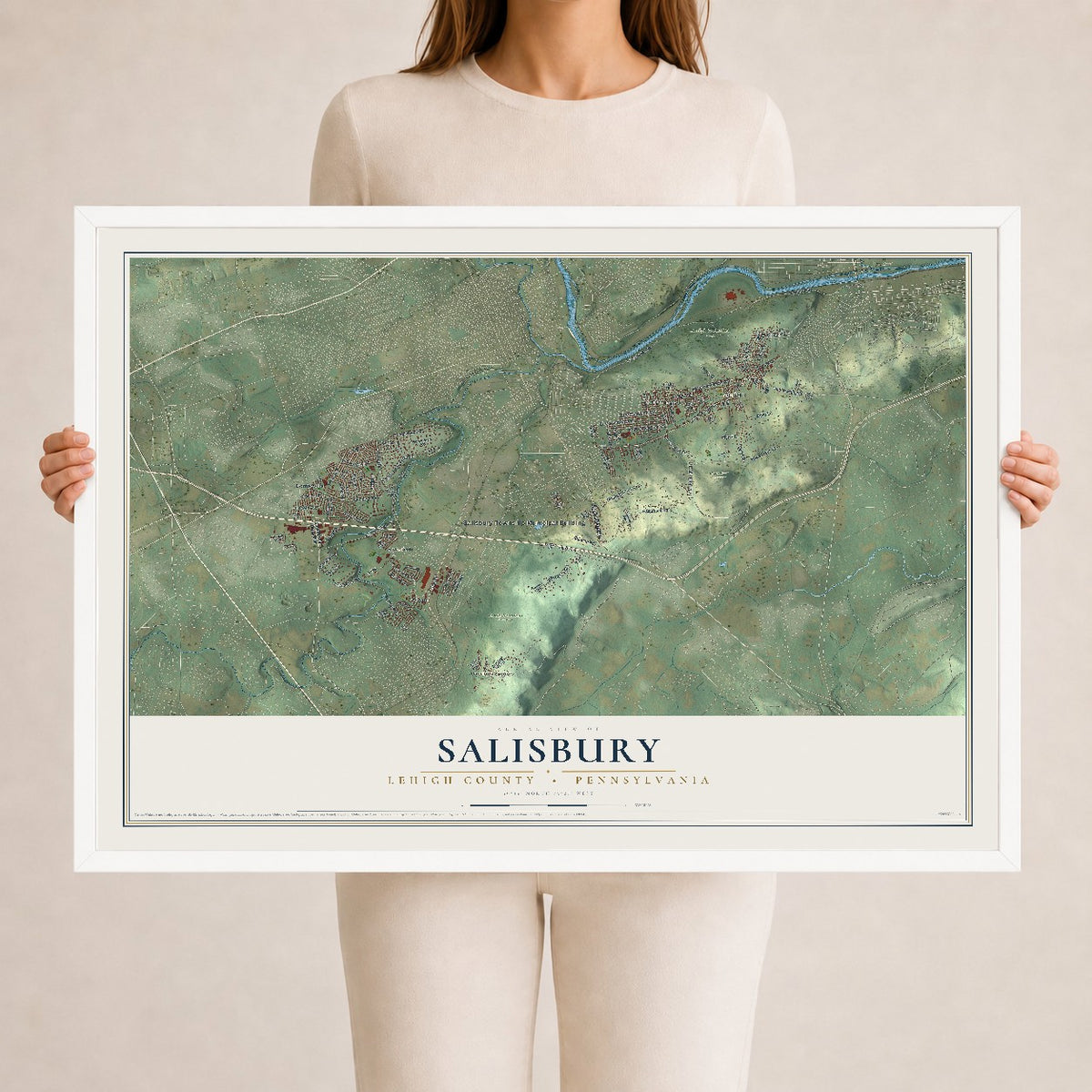 Map of Salisbury, Lehigh County, Pennsylvania, 24 x 36 inch print in a white wood frame