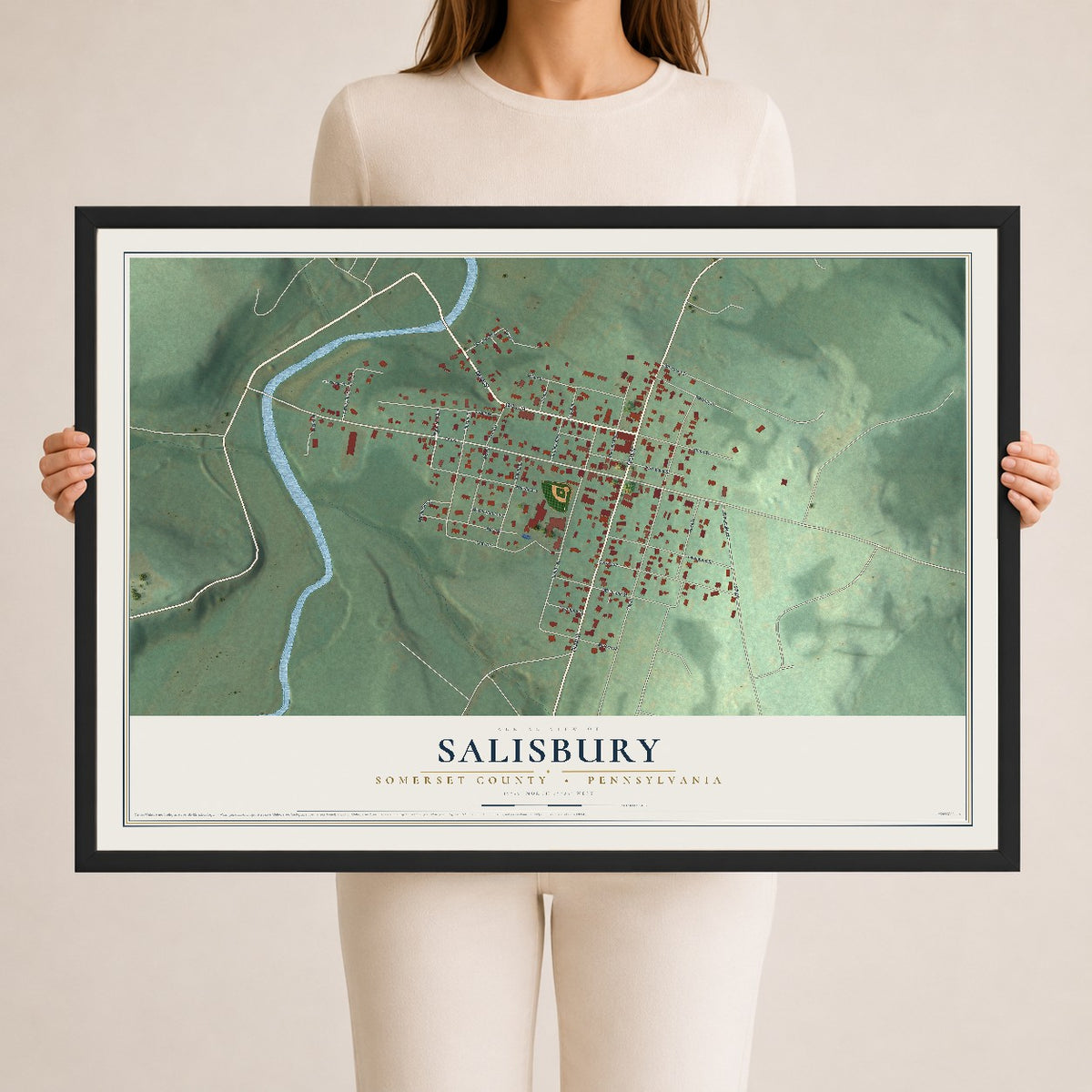 Map of Salisbury, Somerset County, Pennsylvania, 24 x 36 inch print in a black wood frame