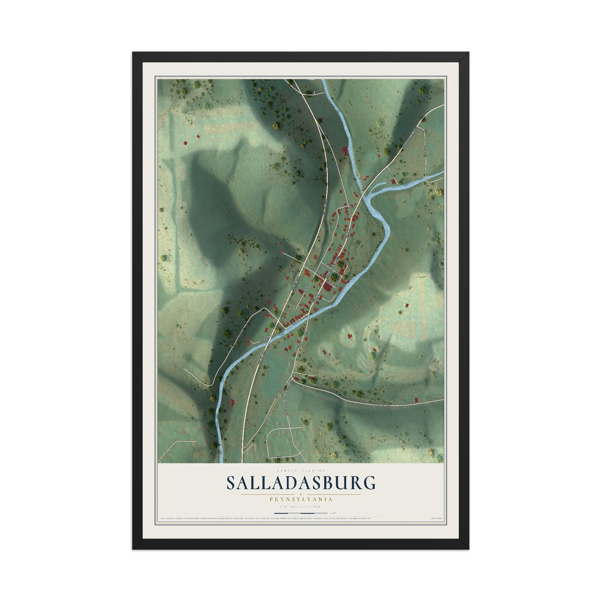 Map of Salladasburg, Pennsylvania, 12 x 18 inch print in a black wood frame