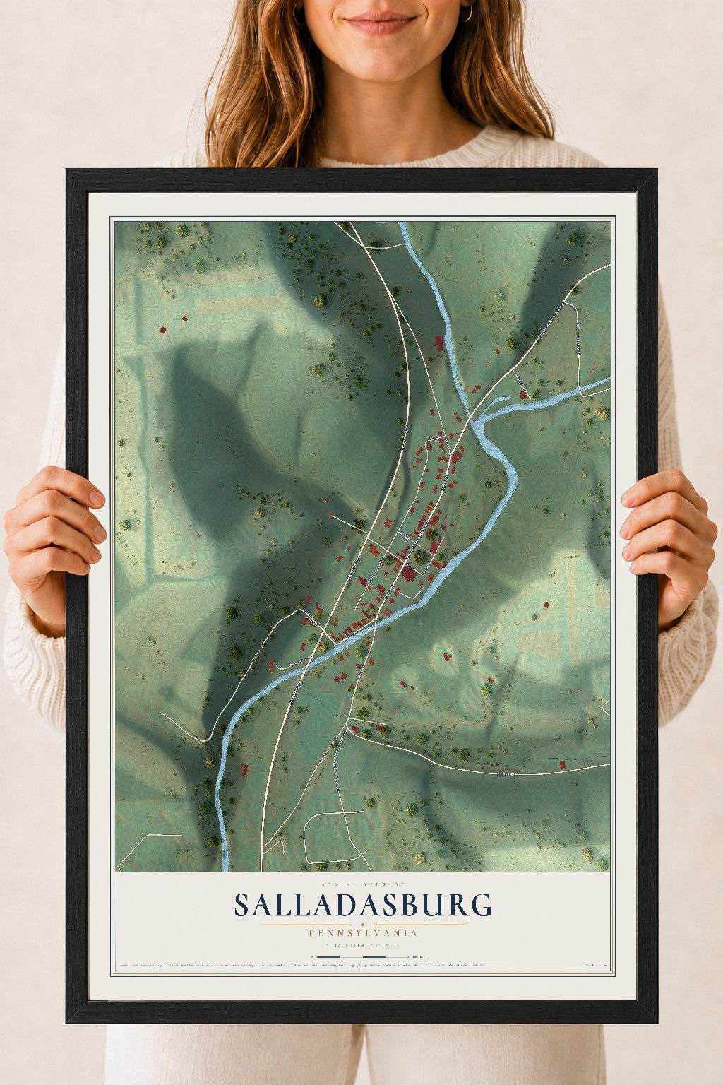 Map of Salladasburg, Pennsylvania, 18 x 24 inch print in a black wood frame