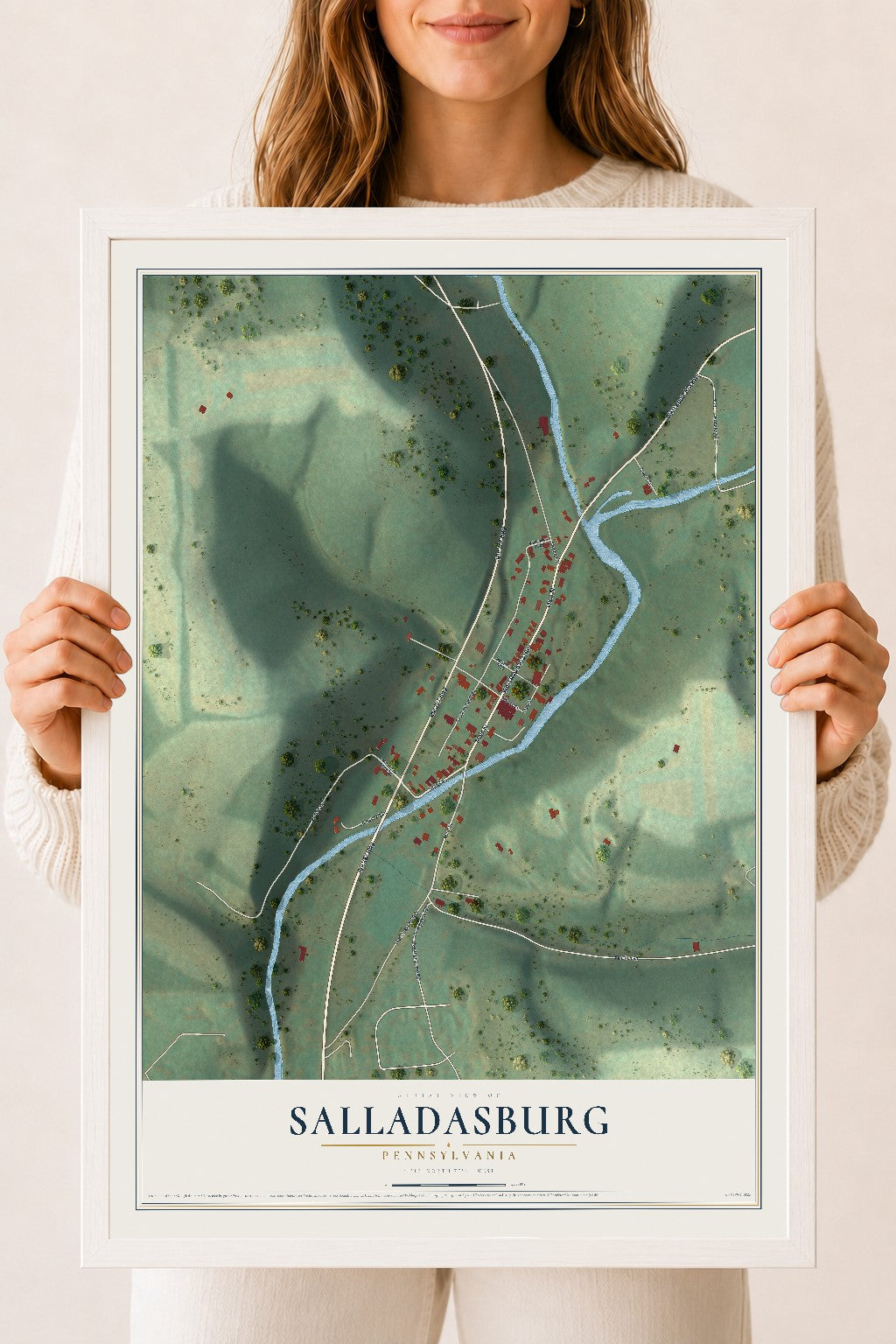 Map of Salladasburg, Pennsylvania, 18 x 24 inch print in a white wood frame