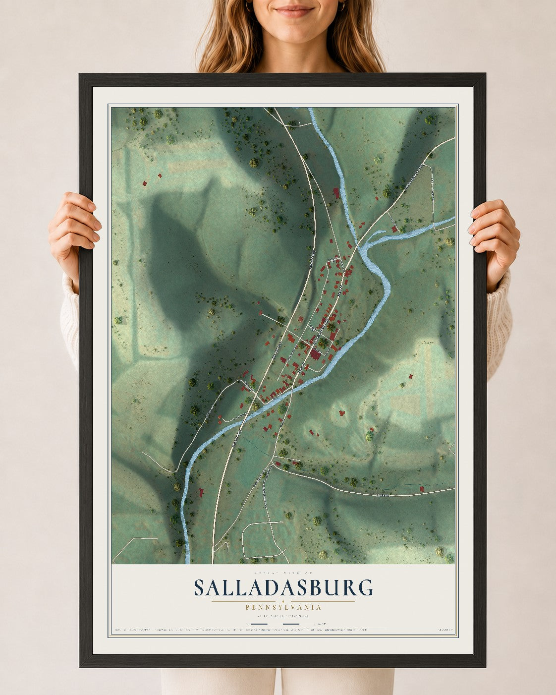 Map of Salladasburg, Pennsylvania, 24 x 36 inch print in a black wood frame