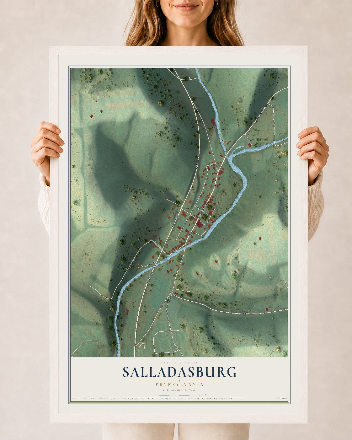 Map of Salladasburg, Pennsylvania, 24 x 36 inch print in a white wood frame