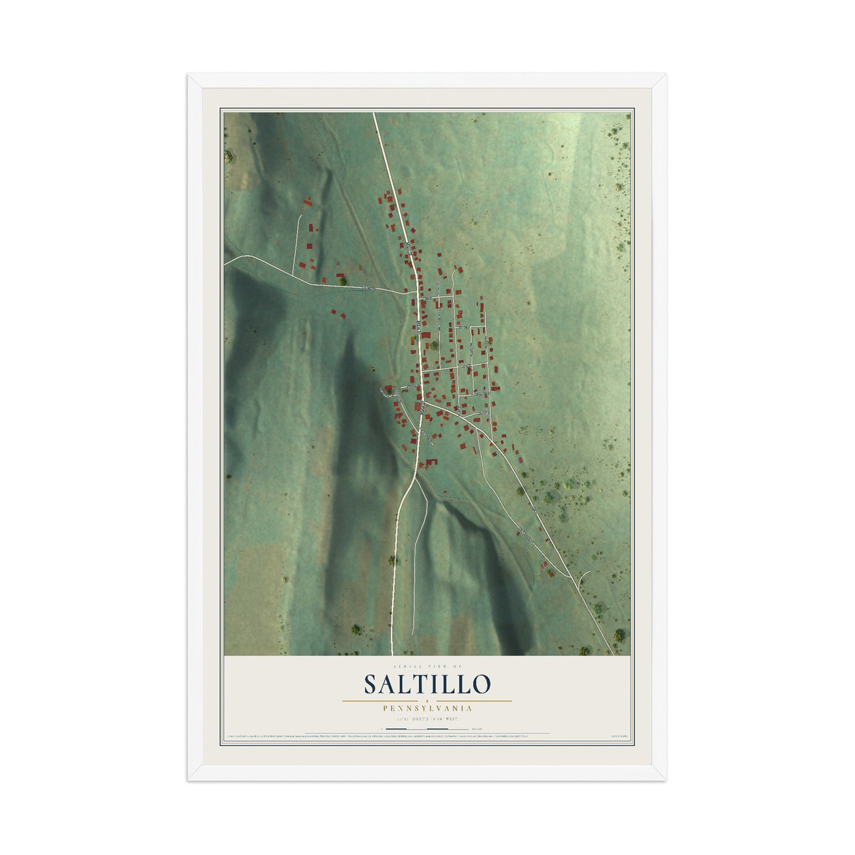 Map of Saltillo, Pennsylvania, 12 x 18 inch print in a white wood frame