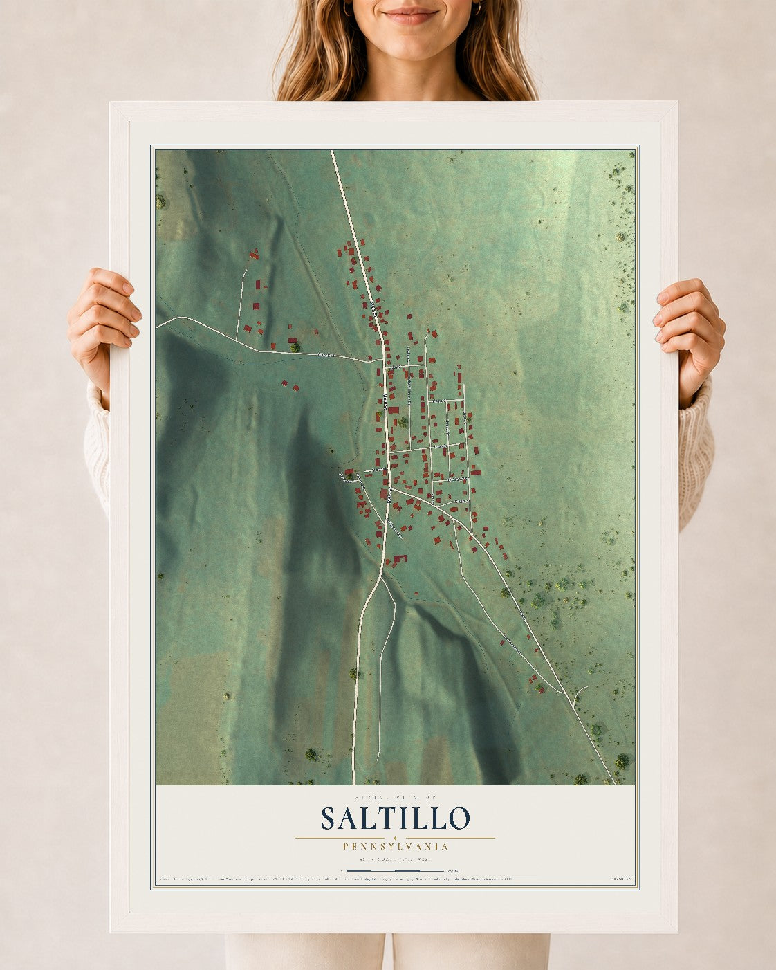 Map of Saltillo, Pennsylvania, 24 x 36 inch print in a white wood frame