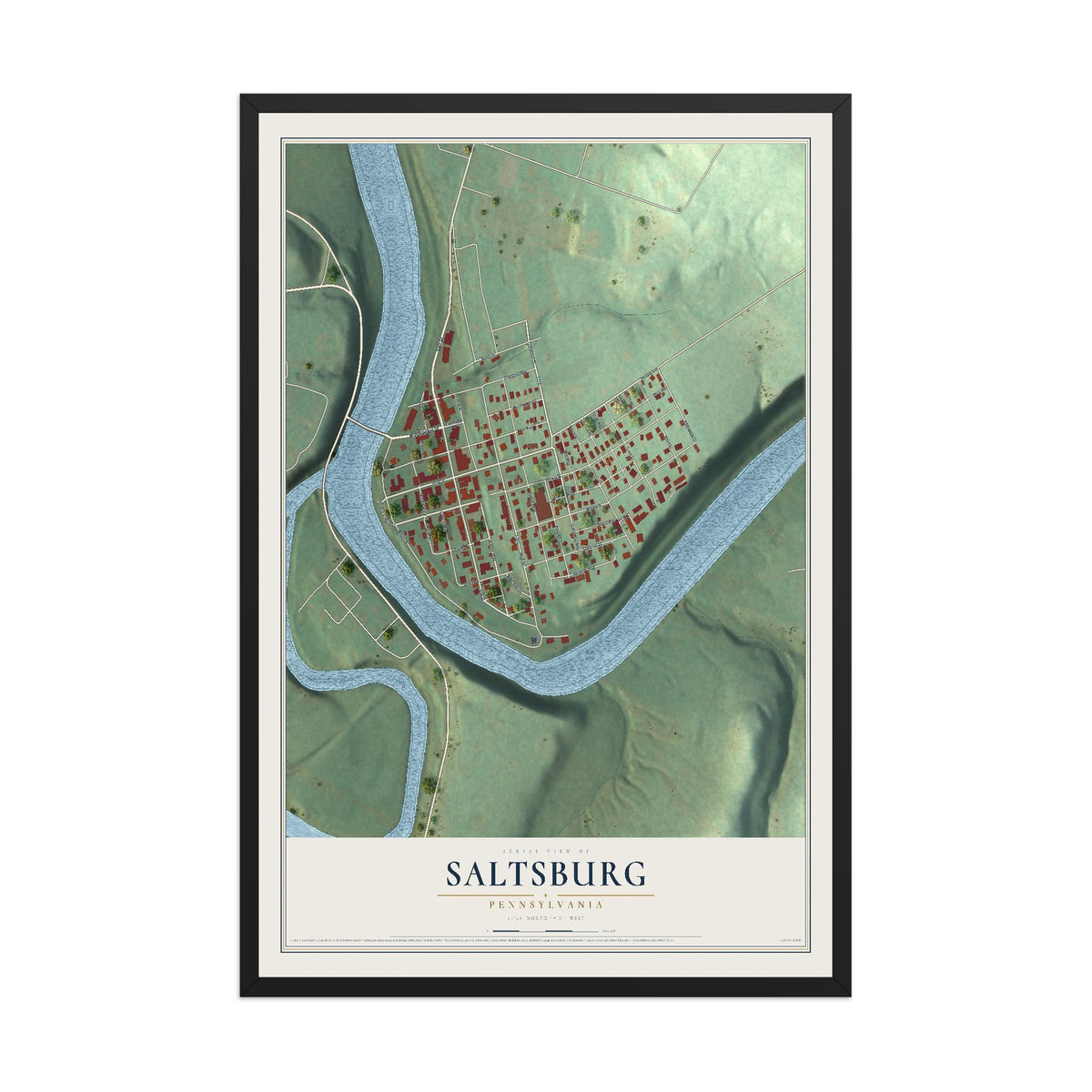 Map of Saltsburg, Pennsylvania, 12 x 18 inch print in a black wood frame