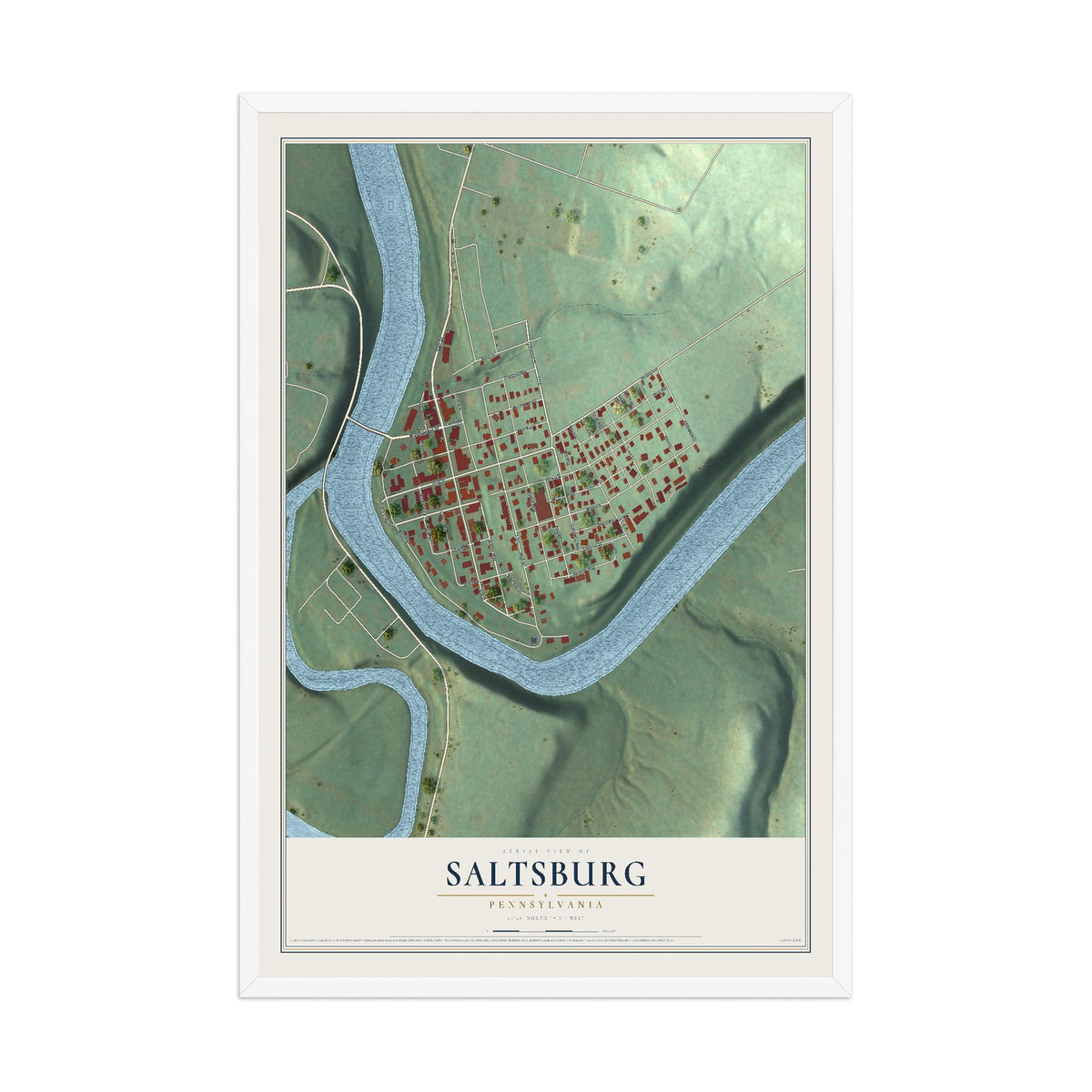 Map of Saltsburg, Pennsylvania, 12 x 18 inch print in a white wood frame