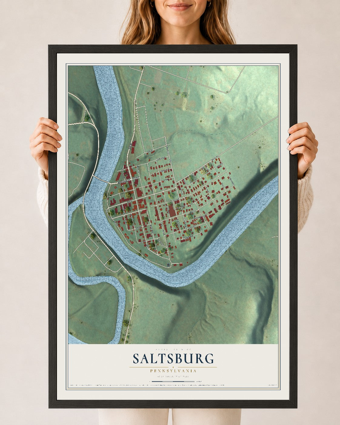 Map of Saltsburg, Pennsylvania, 24 x 36 inch print in a black wood frame