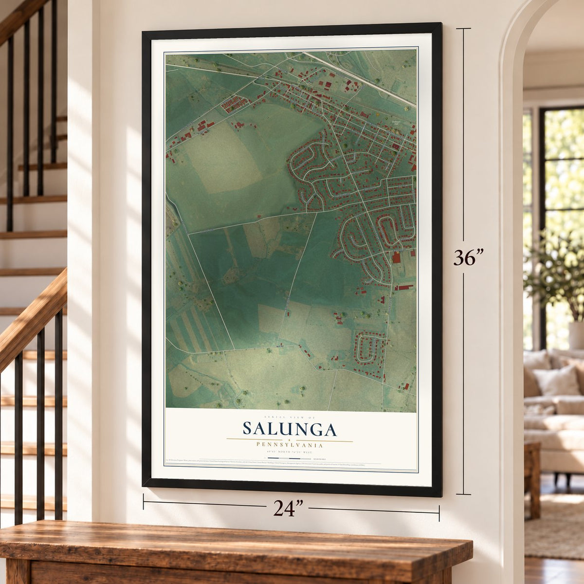 Salunga, Pennsylvania map, 24 x 36 inch print in a black frame by a staircase