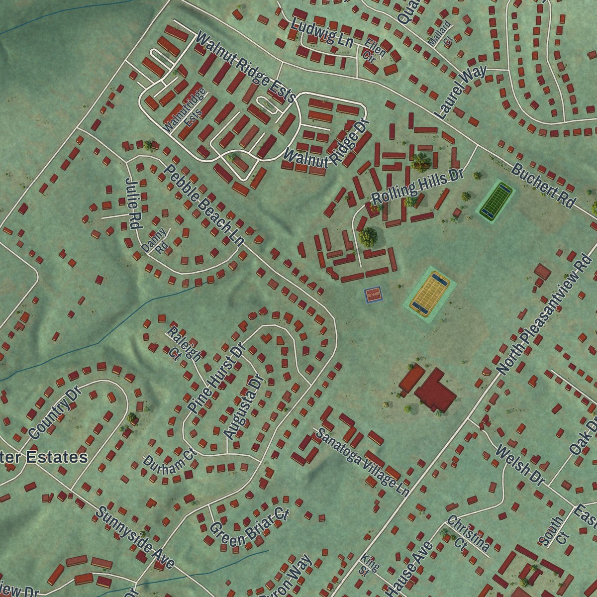 Close-up of the map of Sanatoga, Pennsylvania print showing street and building detail