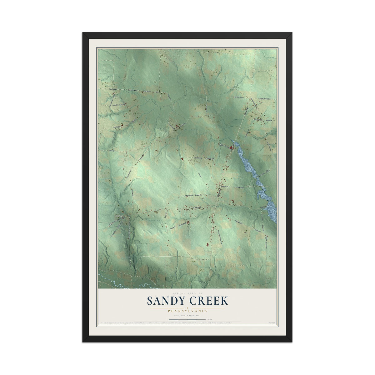 Map of Sandy Creek, Pennsylvania, 12 x 18 inch print in a black wood frame
